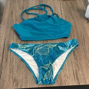 Amazon Essentials Teal Bikini Set with Yellow Leaf Accents